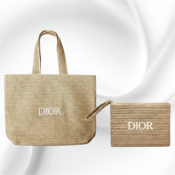 Dior Beauty Makeup Cosmetic Straw Tote Bag and Pouch Set - Picture 1 of 12